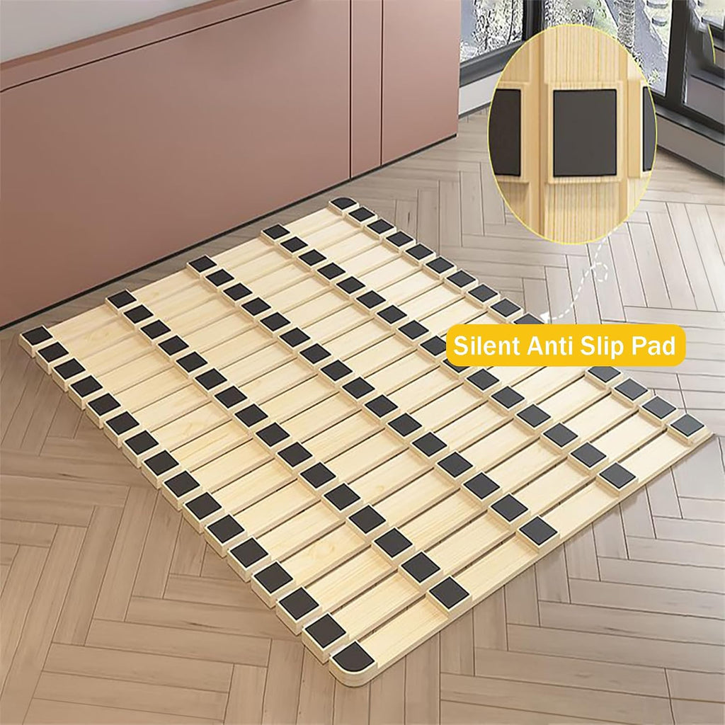 Folding Bed Frame, Natural Solid Wood Bed Frame, Japanese Platform Bed Frame Wooden Slatted Pallet Floor Bed, Roll-Up