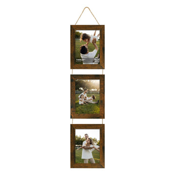 5x7 Picture Frames Collage, Real Glass Wooden Vertical Hanging 3 Opening 5 by 7 Photo Frame, Brown, 1 Pack