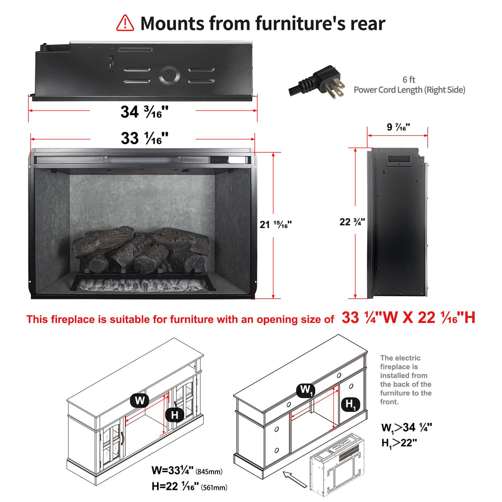 33" Electric Fireplace Insert, Weathered Concrete Finish, 1500W Fireplace Heater, Adjustable Flame Colors &