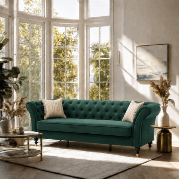 Green Velvet Chesterfield Sofa, 88.5" 3 Seater Couch