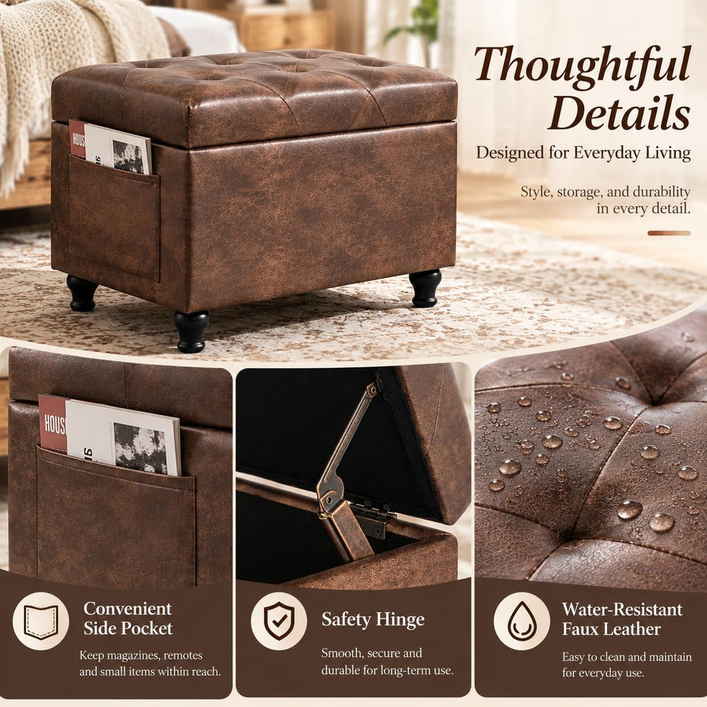 24" Brown Ottoman with Storage, Faux Leather Footrest
