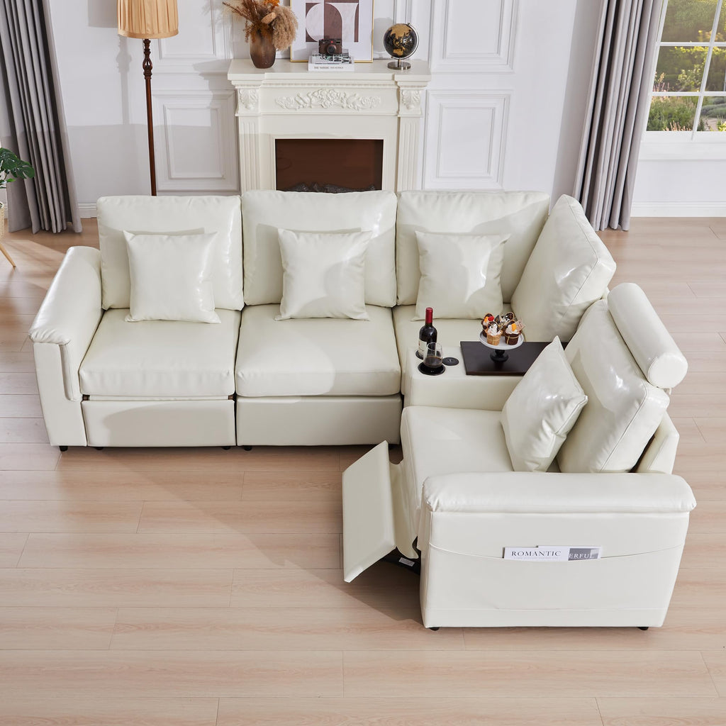 Faux Leather Sectional Sofa, L Shaped, 4 Seater, Beige