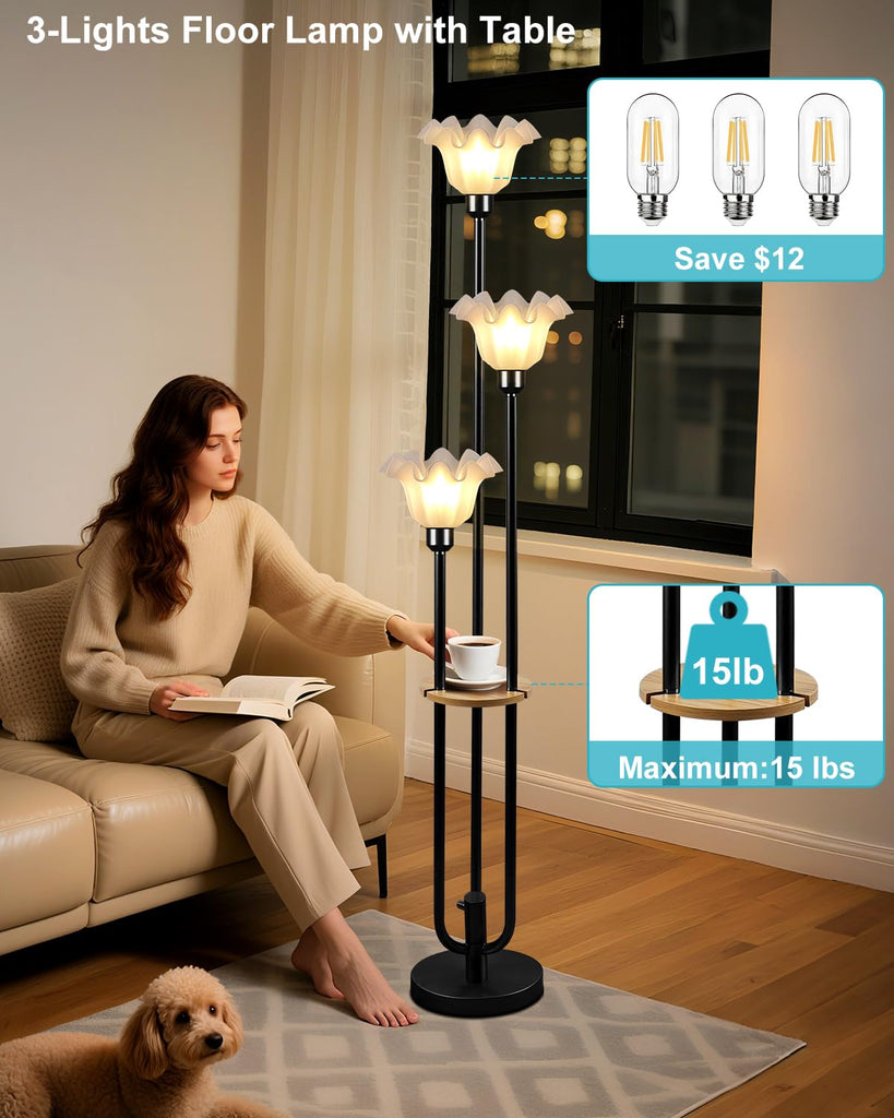 Flower Floor Lamp Dimmable Vintage Floor Lamp with Shelf & Bulbs Included Mid Century Black Floral Standing Tall Lamp