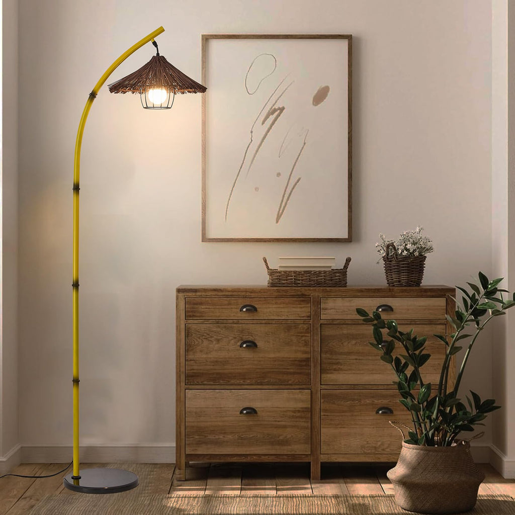 Bamboo Floor lamp Mid Century Rattan Retro Floor lamp Bohemian, Arc Floor Lamps Tall Reading Lamps Antique Rattan