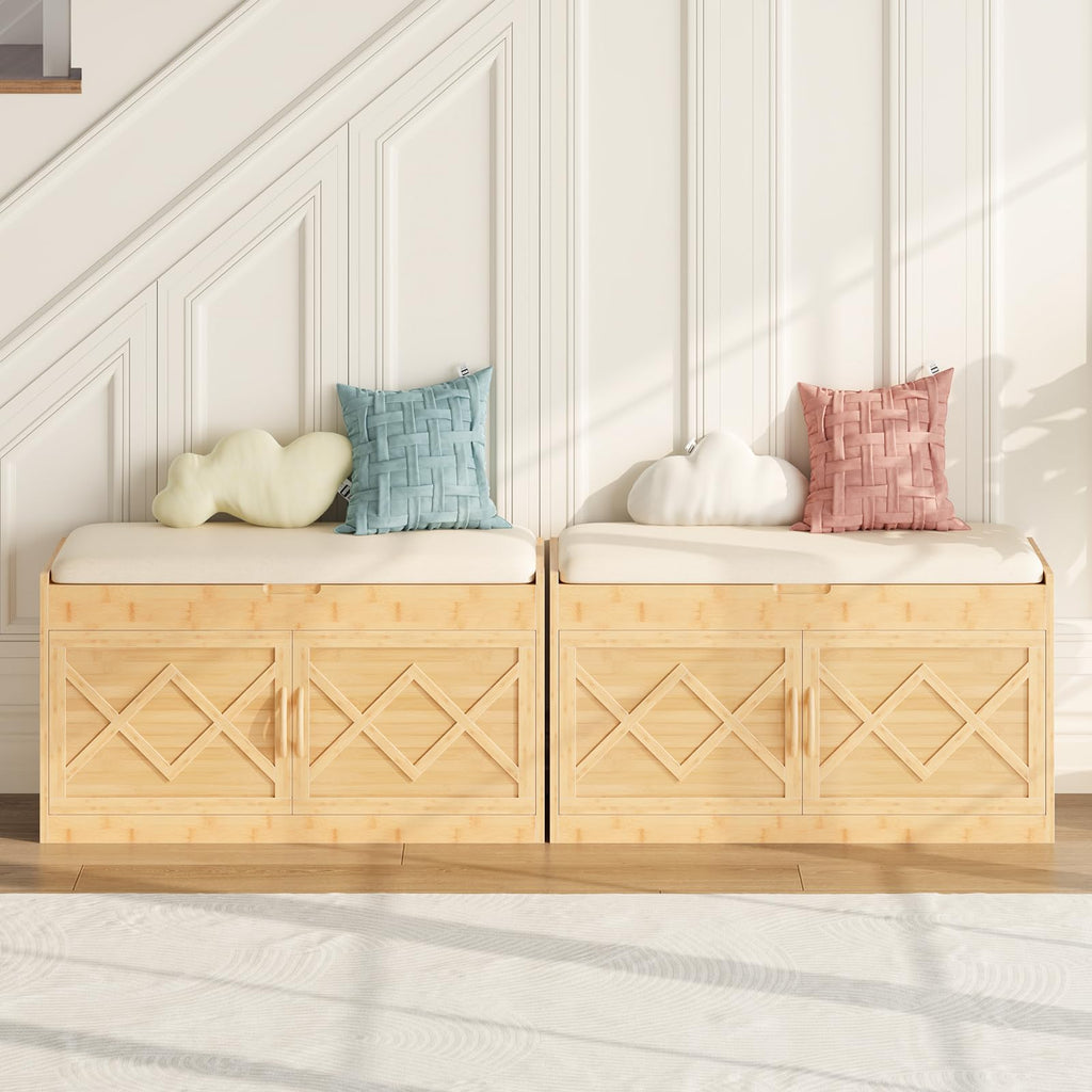Shoe Bench, Shoe Storage Bench with Cushion, Bamboo Entryway Bench with Hidden Compartment, Storage Bench with Lift