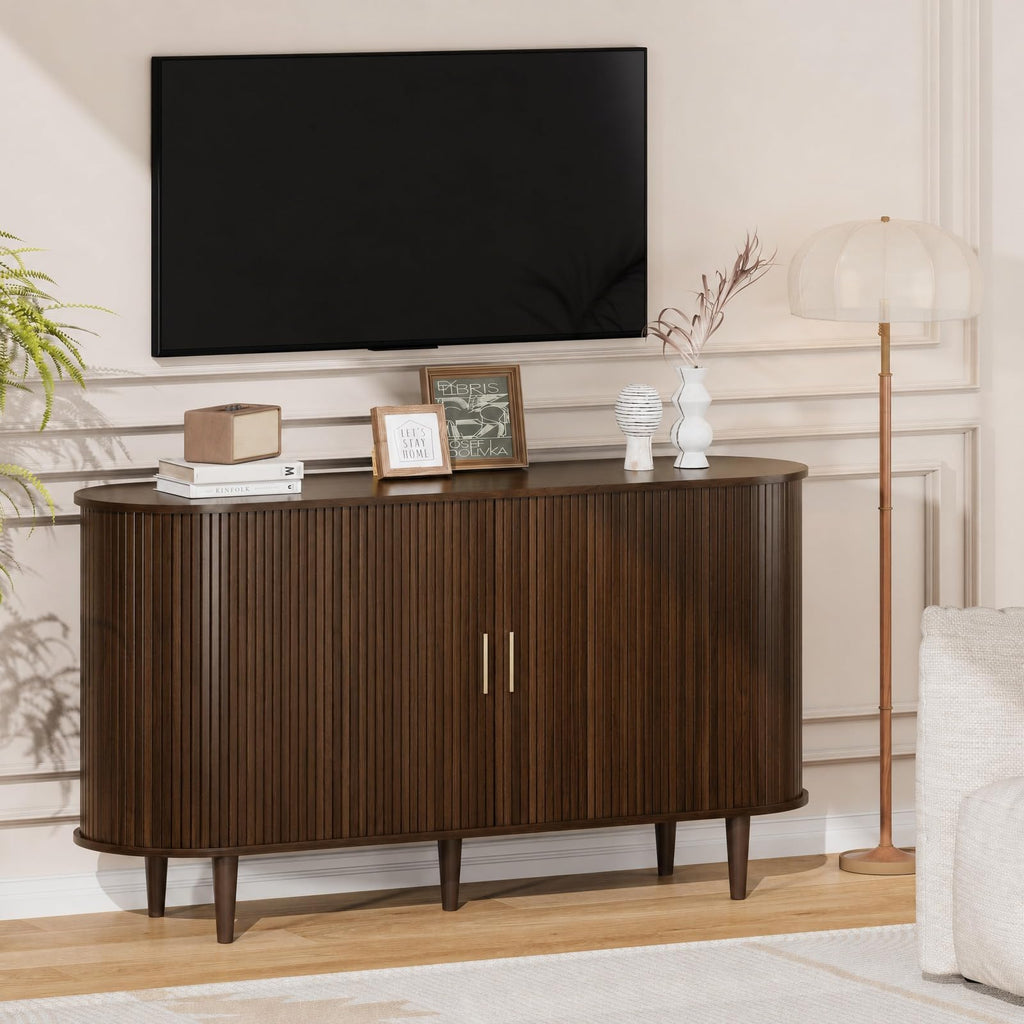 Sideboard Buffet Cabinet with Storage, Mid Century Modern Fluted Accent Coffee Bar Console Table, Tambour Sliding