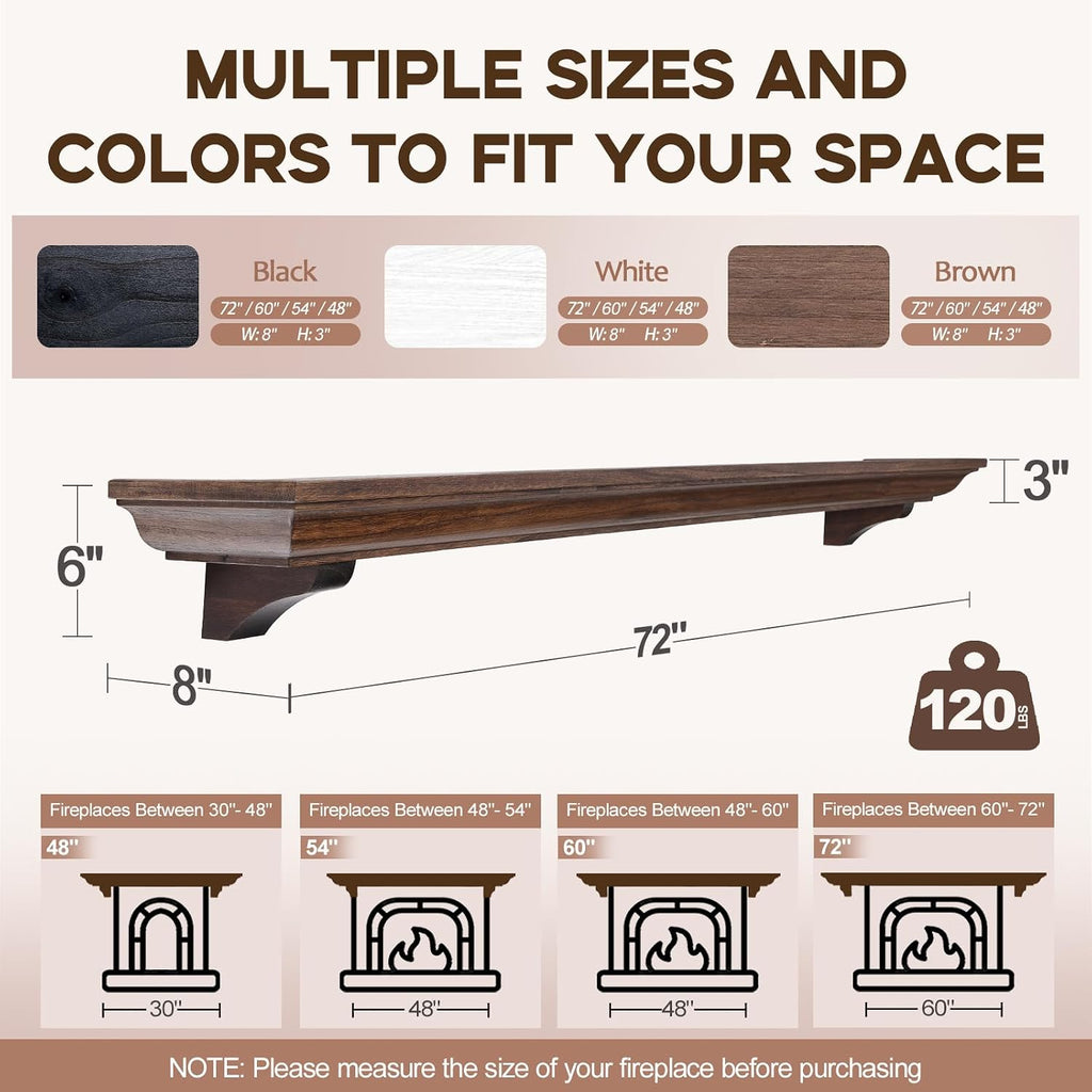 72 Inch Shelf with Corbels, Rustic Floating Shelf for Wall, Wooden Fireplace Mantle for TV Mounting & Living Room, Brown