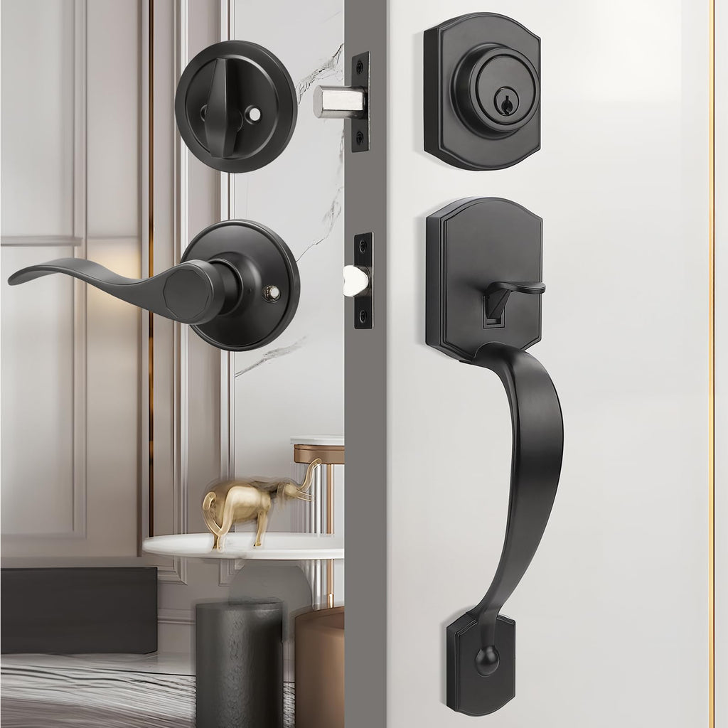 Front Door Lock Set Black Front Door Handle Set, Entry Door Locksets with Deadbolt Single Cylinder Front Door Handle