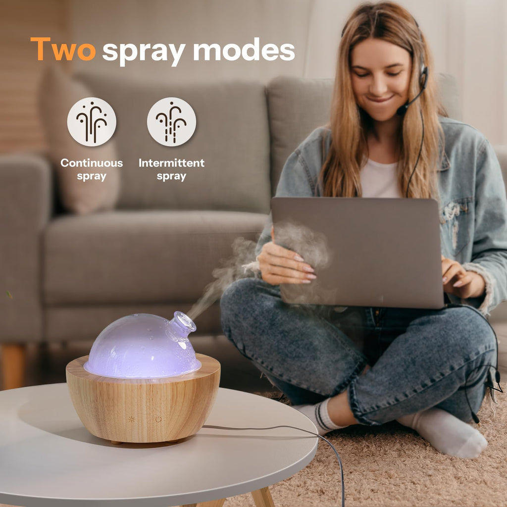 280ml Glass Essential Oil Diffuser with Natural Wood Base, The 2025 Upgrade Aromatherapy Diffusers, Cool Mist Air