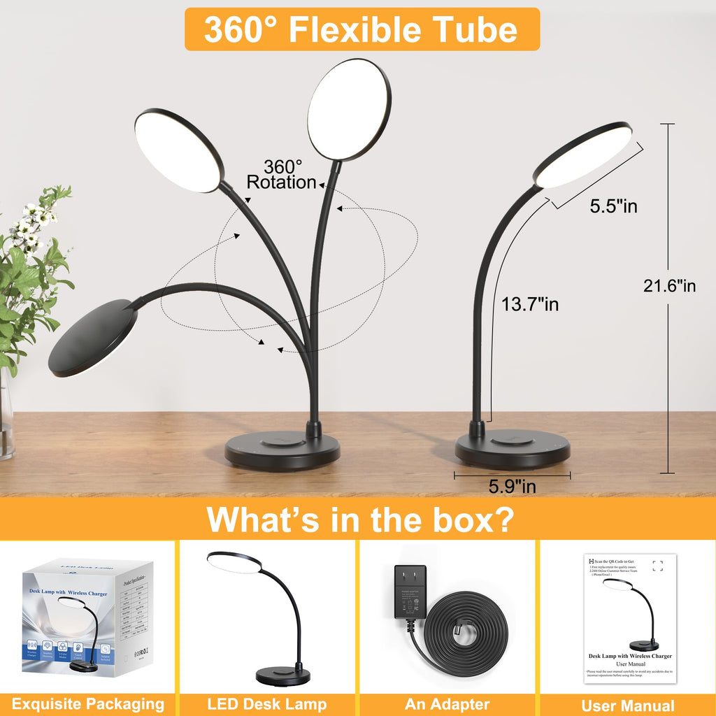 Wireless Charging Desk Lamp, 800LM, CRI95+, Black
