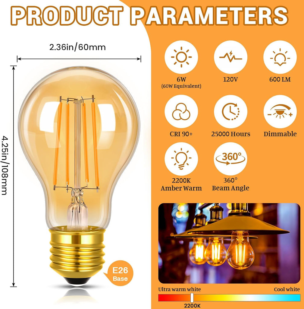 A19 Vintage LED Edison Bulbs, 60W Equivalent, 2200K Amber Warm, 6 Pack