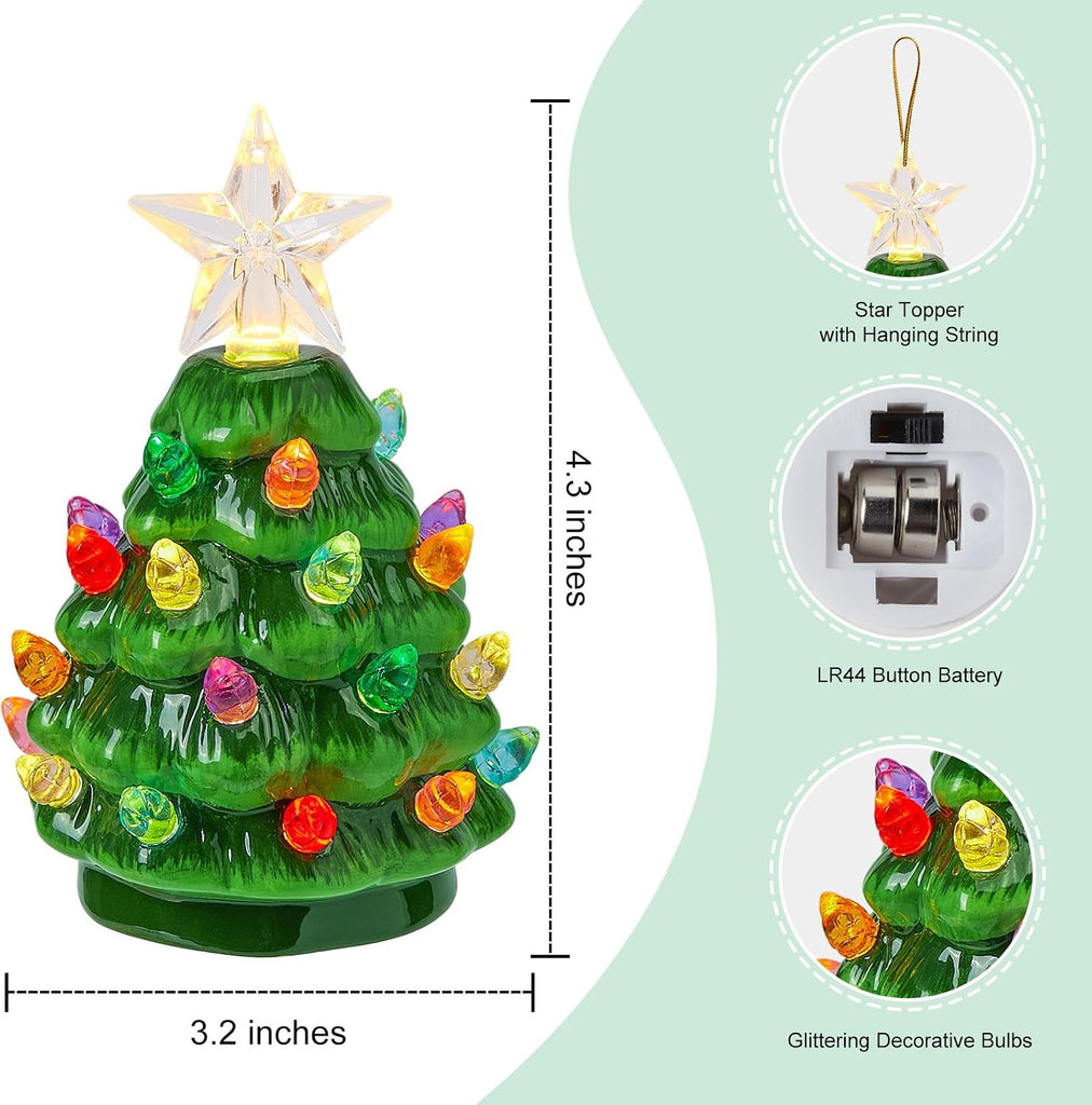 4.3 Inch Mini Ceramic Christmas Tree Set - 4 Pack Tabletop Christmas Tree with Multicolored LED Lights, Battery