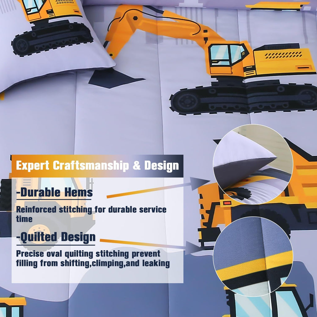 Construction Twin Bedding Sets for Boys Kids,6 Piece Bed in A Bag 3D Cartoon Car Excavator Tractor Comforter Set with