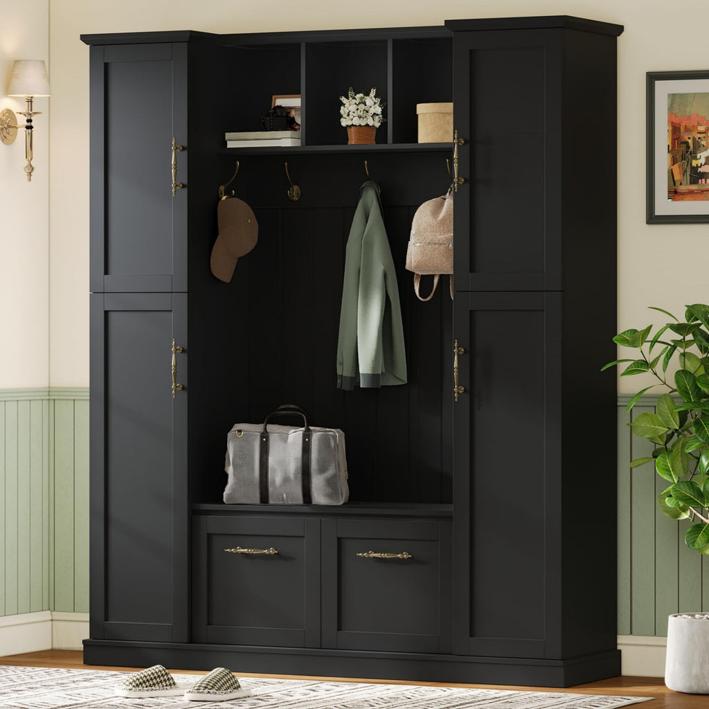Farmhouse Elegant Hall Tree with Bench, 4 Side Cabinets, Adjustable Shelves & Open Cubbies, Beadboard Entryway Bench