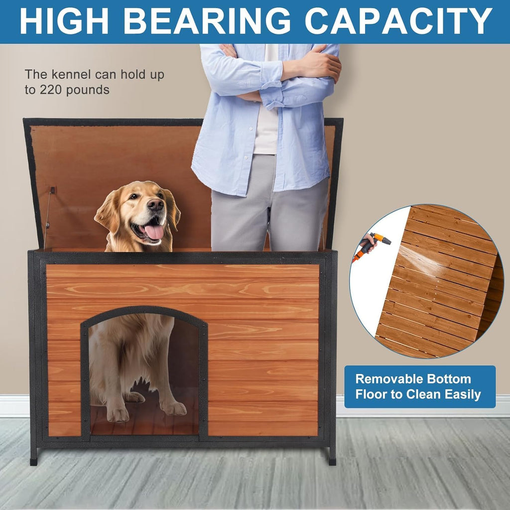 Outdoor Wooden Dog House Weatherproof Metal Frame Chew Proof Pet Shelter