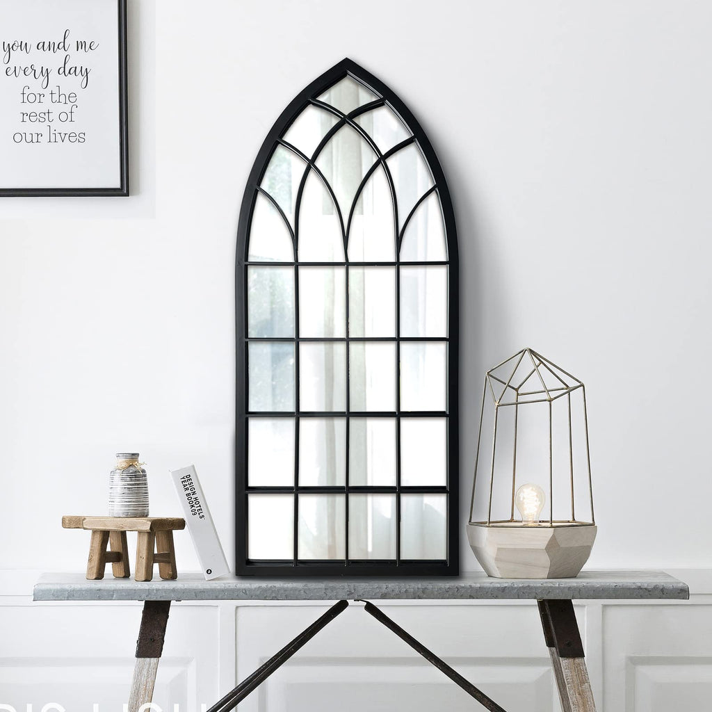 Farmhouse Window Mirror,Arched Black Mantel Mirror,Cathedral Wall Mirrors with Window Pane /Fireplace/Living