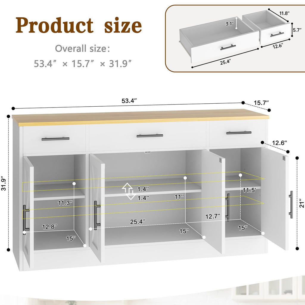 53" Buffet Cabinet with Storage, Kitchen Coffee Bar, White