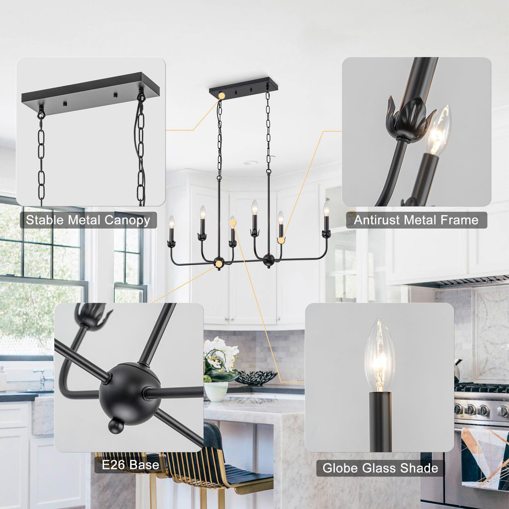 Modern Black 6-Light Linear Chandelier, E12 Base, Adjustable Chain Lighting Fixture Island, Dining Room, or Long Table