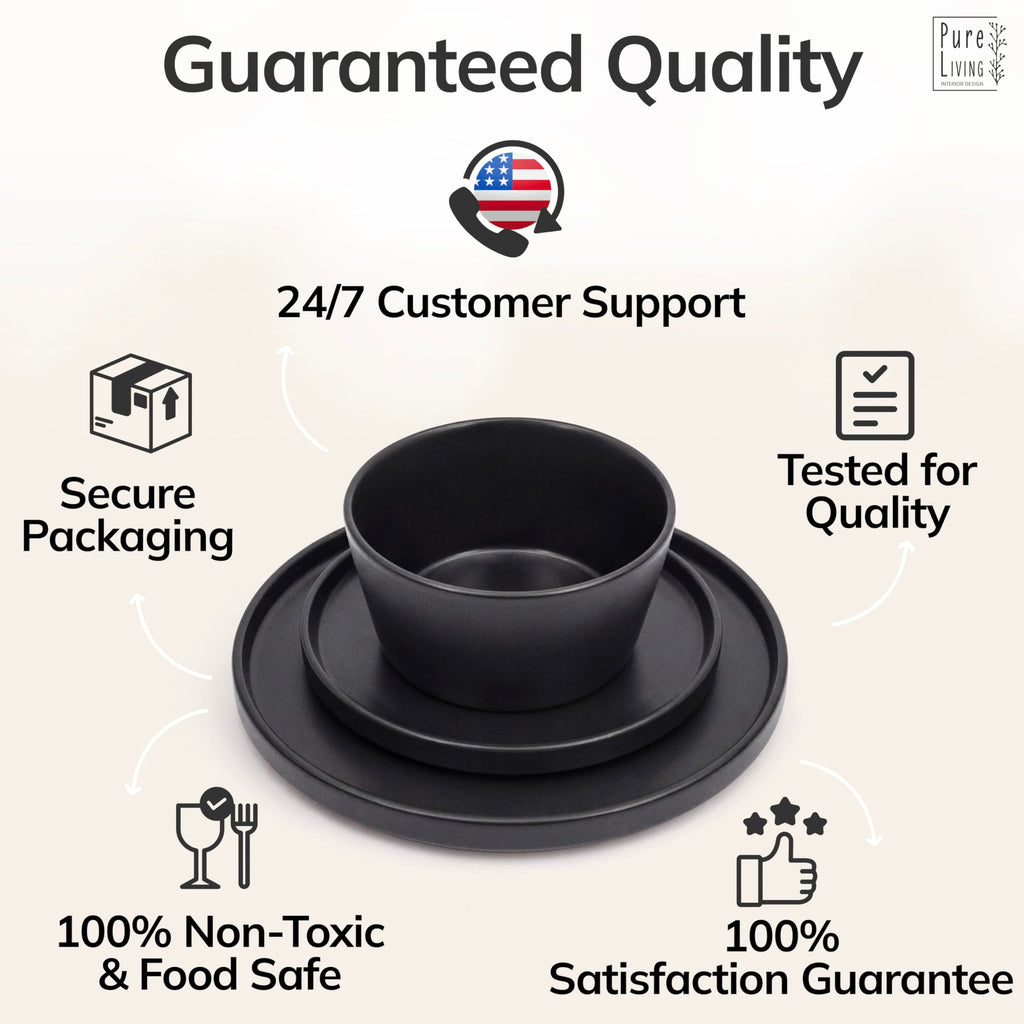24 Piece Black Dinnerware Set for 8, Stoneware Black Plates and Bowls Set