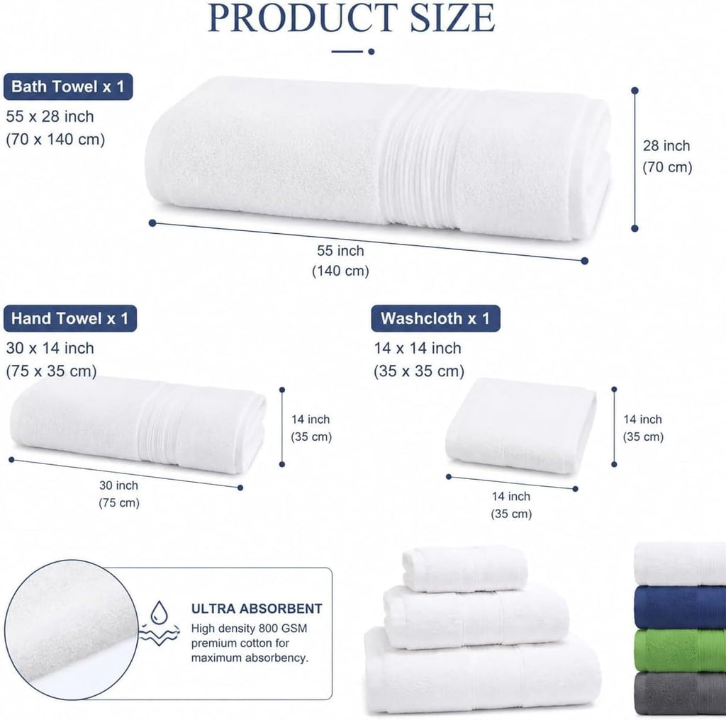Onuia Luxury Bath Towels, 3-Piece 800 GSM Egyptian Cotton Towel Set with Bath Towel, Hand Towel & Washcloth, Ultra