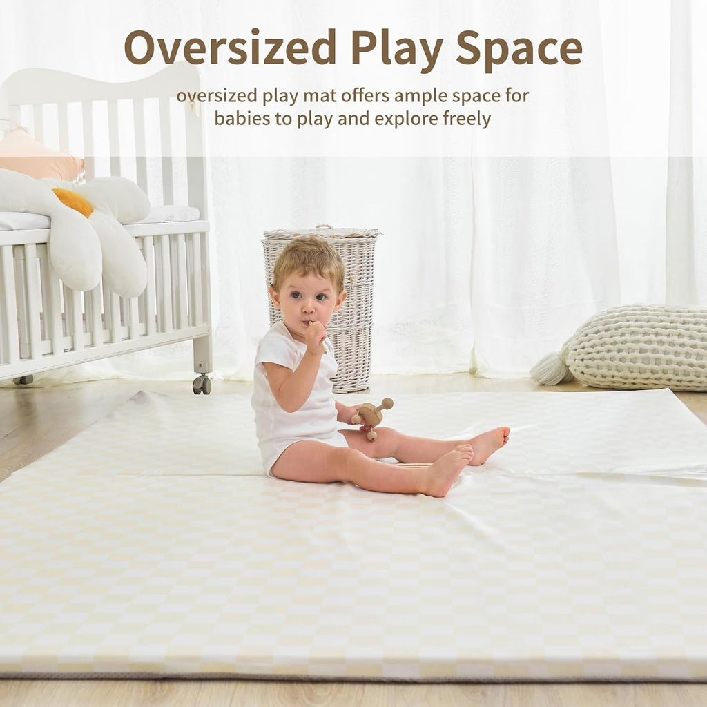 Large Vegan Leather Baby Play Mat for Floor,1.3"Thick Foam 59x82 Foldable Waterproof Kids Play Mat,Stylish and Just