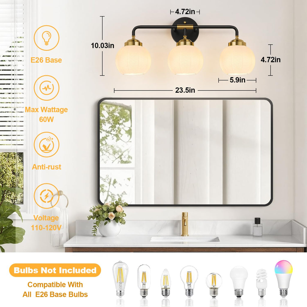 Bathroom Light Fixtures, 3-Light White Vanity Lights with Unique Leaf Texture Glass Shade, Modern Brushed Gold