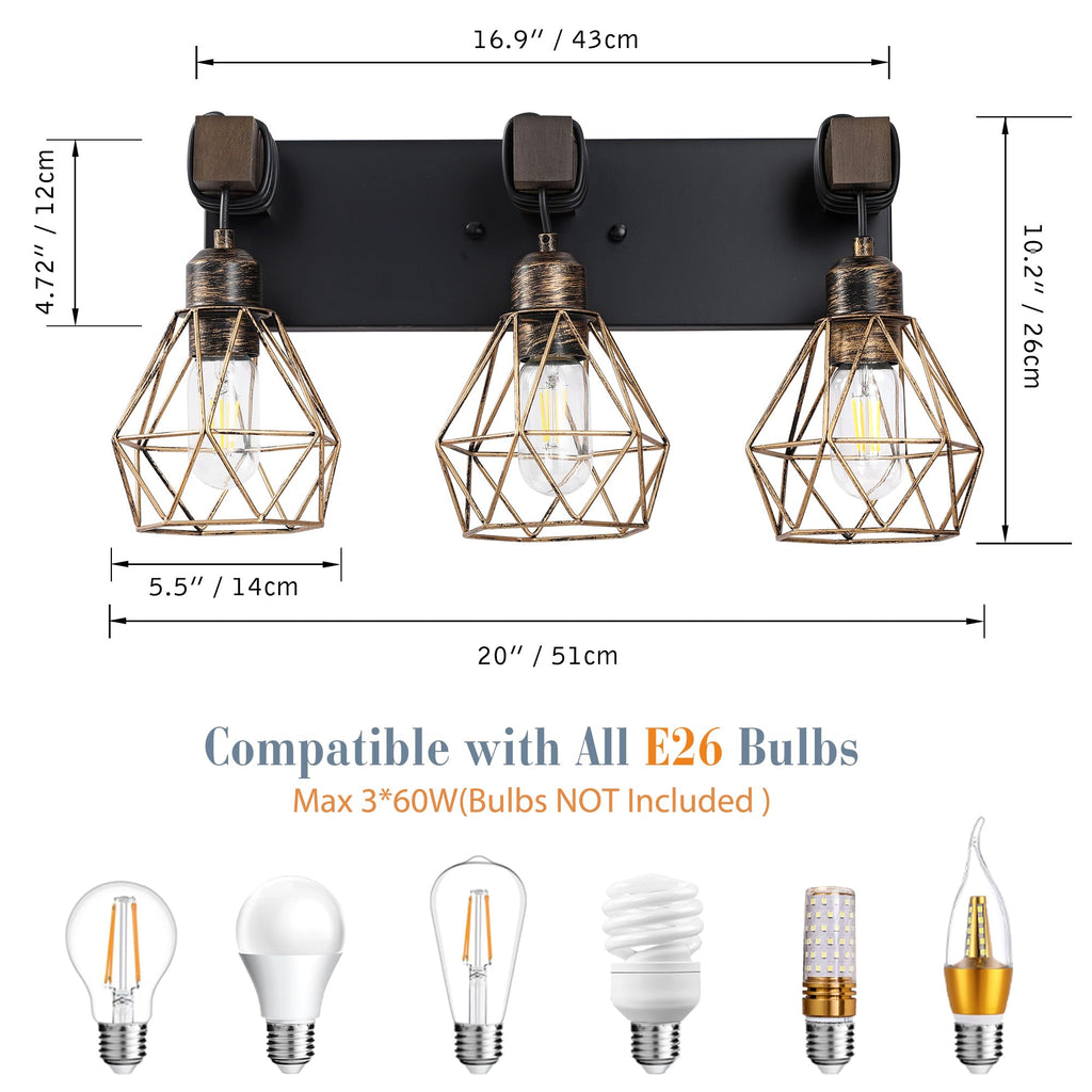 Black Gold Bathroom Light Fixtures, 3-Light Farmhouse Vanity Light