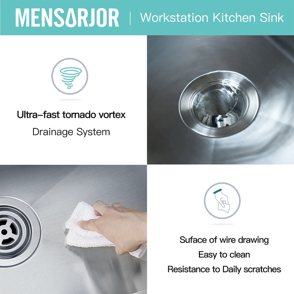 32 x 19 Inch Workstation Ledge Handmade Undermount Kitchen Sink Stainless Steel 16 Gauge Big Single Bowl Sink
