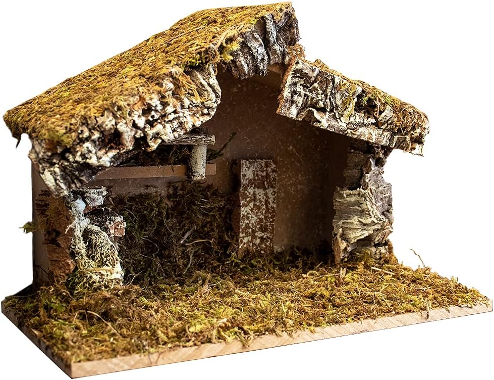 Nativity Stable Creche for Christmas Nativity Scene Wood with Moss 12" x 7" x 9" Handmade in Italy