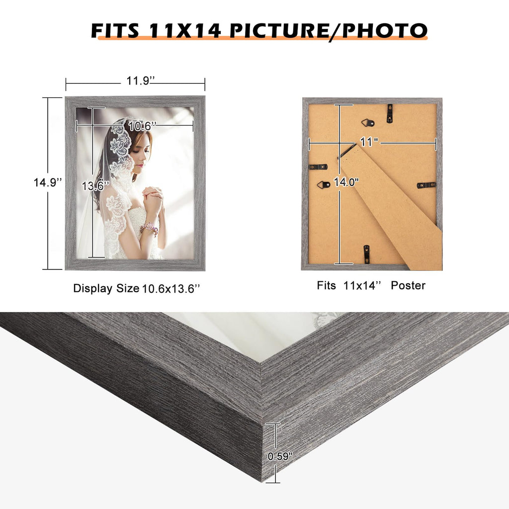 11x14 Frame Distressed Gray, Rustic 14x11 Picture Frame Grey, Art Pic Poster Frame, 11 by 14 Wall Hanging/Tabletop