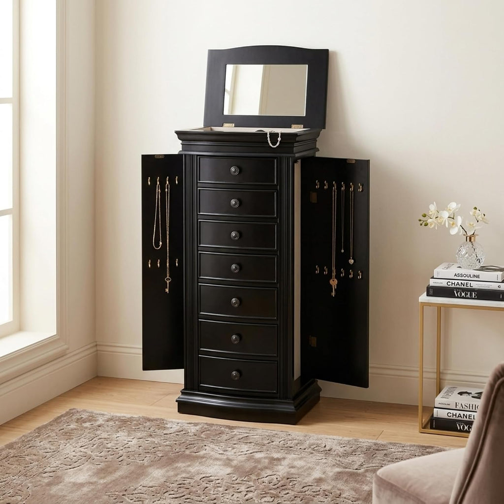 Luke Standing Jewelry Armoire - Large 7-Drawer Wooden Organizer with Mirror, Side Doors, and Anti-Tarnish Lining