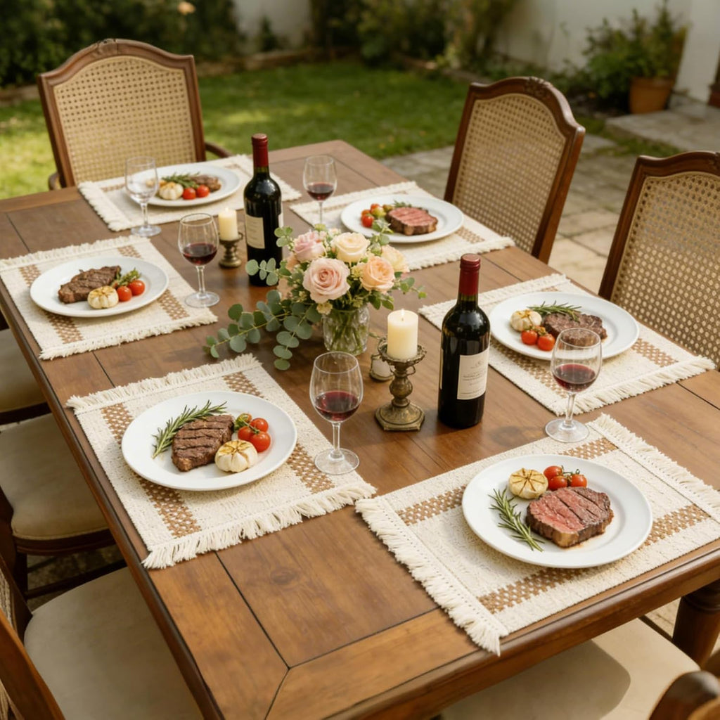 Boho Table Runner & 6-Piece Woven Placemats Set - Natural Cotton Burlap & Water Straw Combination, Bohemian Dining - Set of 6