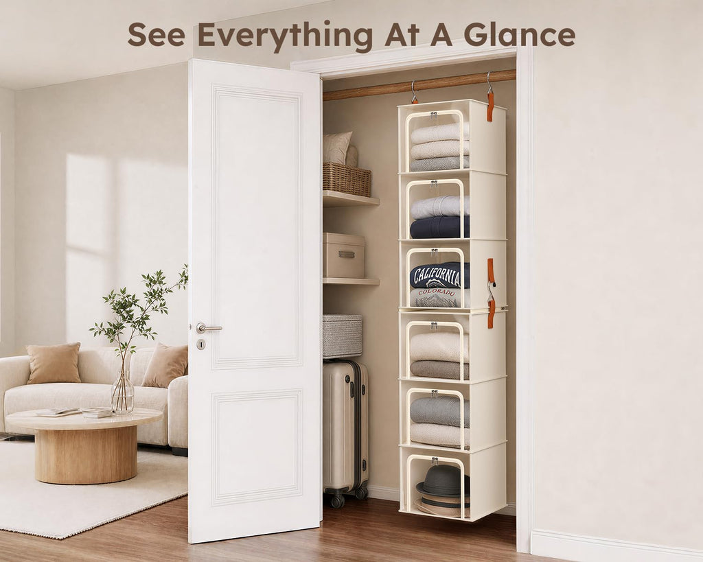 6-Tier Modular Hanging Closet Organizer Shelves, Beige