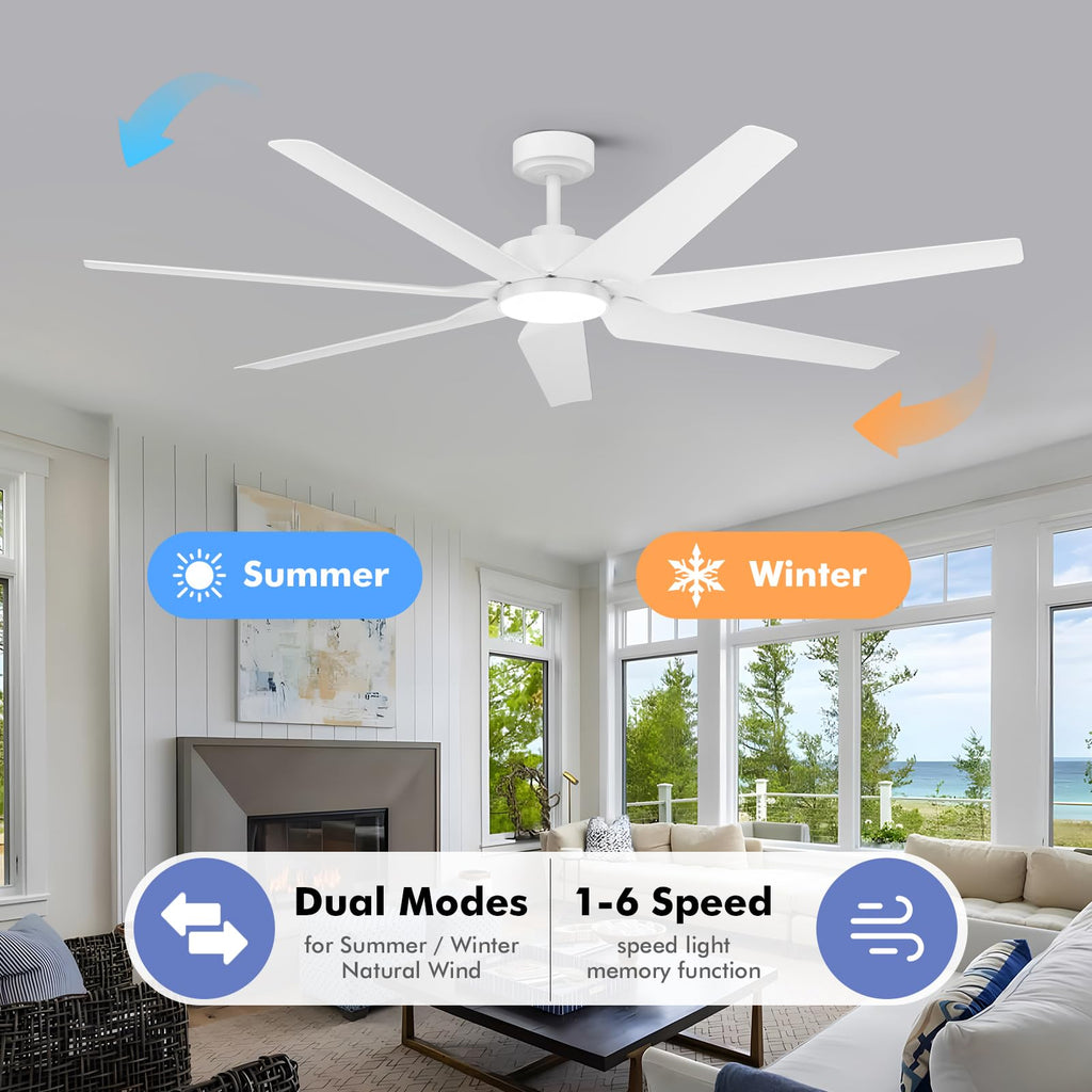 65 inch White Smart Ceiling Fan with Light, 7 Propeller Blades, High CFM