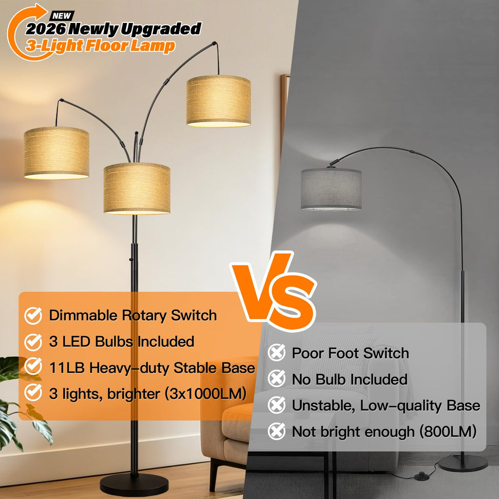 Dimmable Floor Lamp, 3 Lights, Gold Arc, Champagne