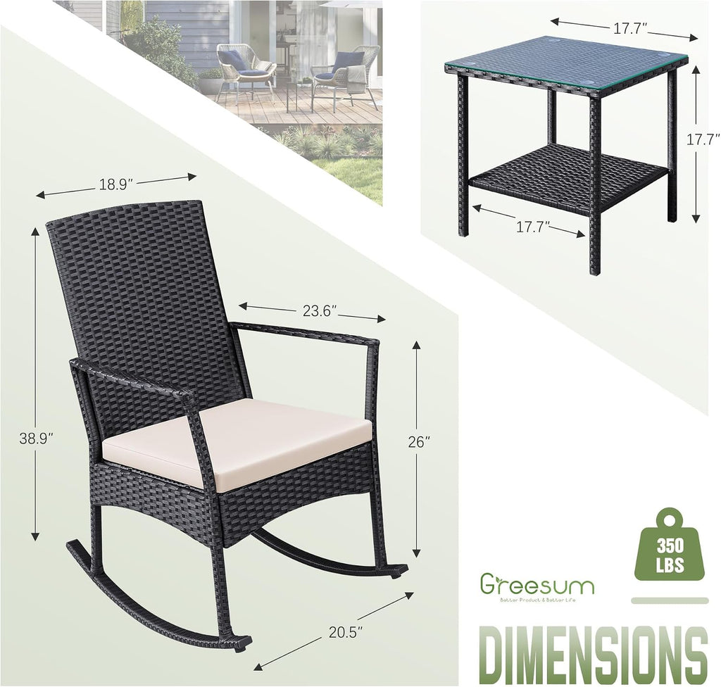3 Pieces Patio Furniture Set Outdoor Wicker Rocking Chairs,Beige | With Glass Coffee Table for Garden Backyard Porch