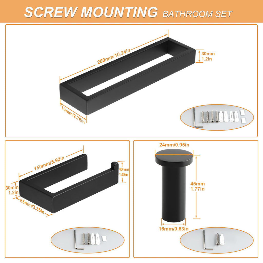 6-Piece Bathroom Hardware Set Black, Includes 10 Inch Towel Bar