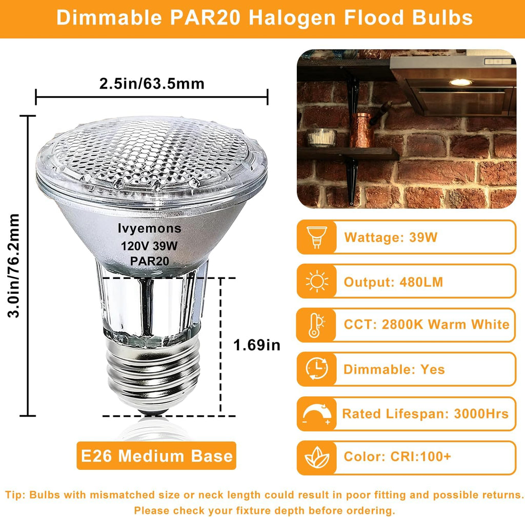 Dimmable PAR20 Halogen Flood Bulbs 39W 120V 2800K for Track Lights