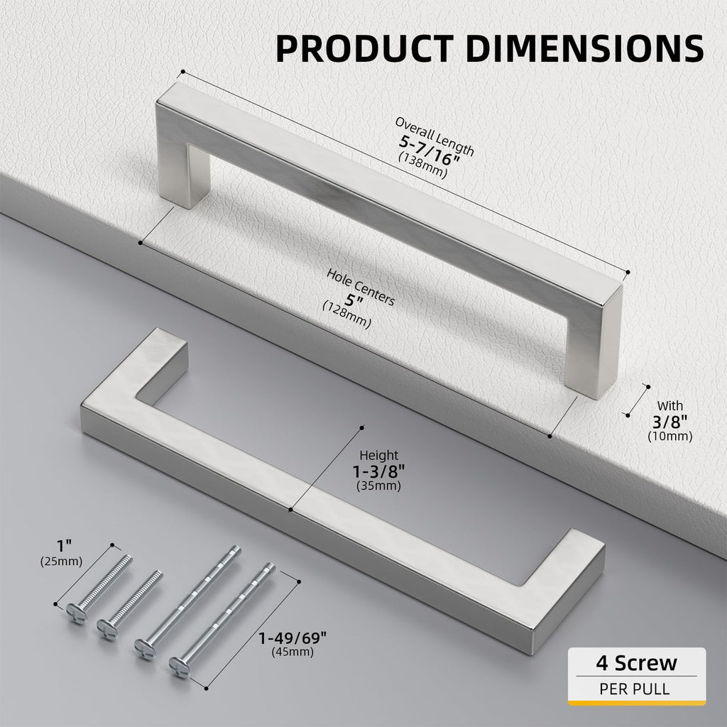Brushed Nickel Cabinet Pulls 30 Pack 5 Inch, Square Drawer Handles, Stainless Steel, Screws Included, Silver Kitchen