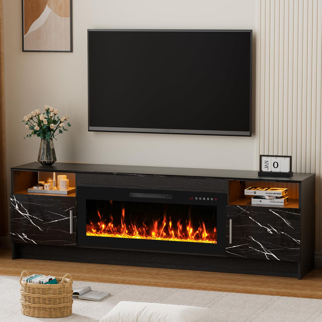 Fireplace TV Stand for 65-80 inch TV, Large Entertainment Center with Fireplace & LED Lights, High Gloss Living Room