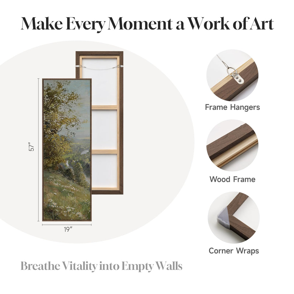 Large Framed Vertical Vintage Landscape Wall Art, 60x20 In