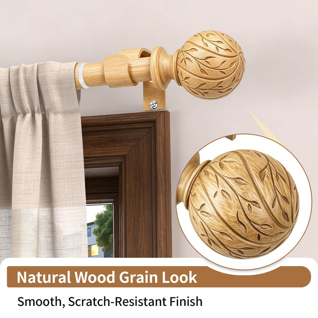 Wood Curtain Rods for Windows 36-120", Adjustable Long Boho Drapery Rods