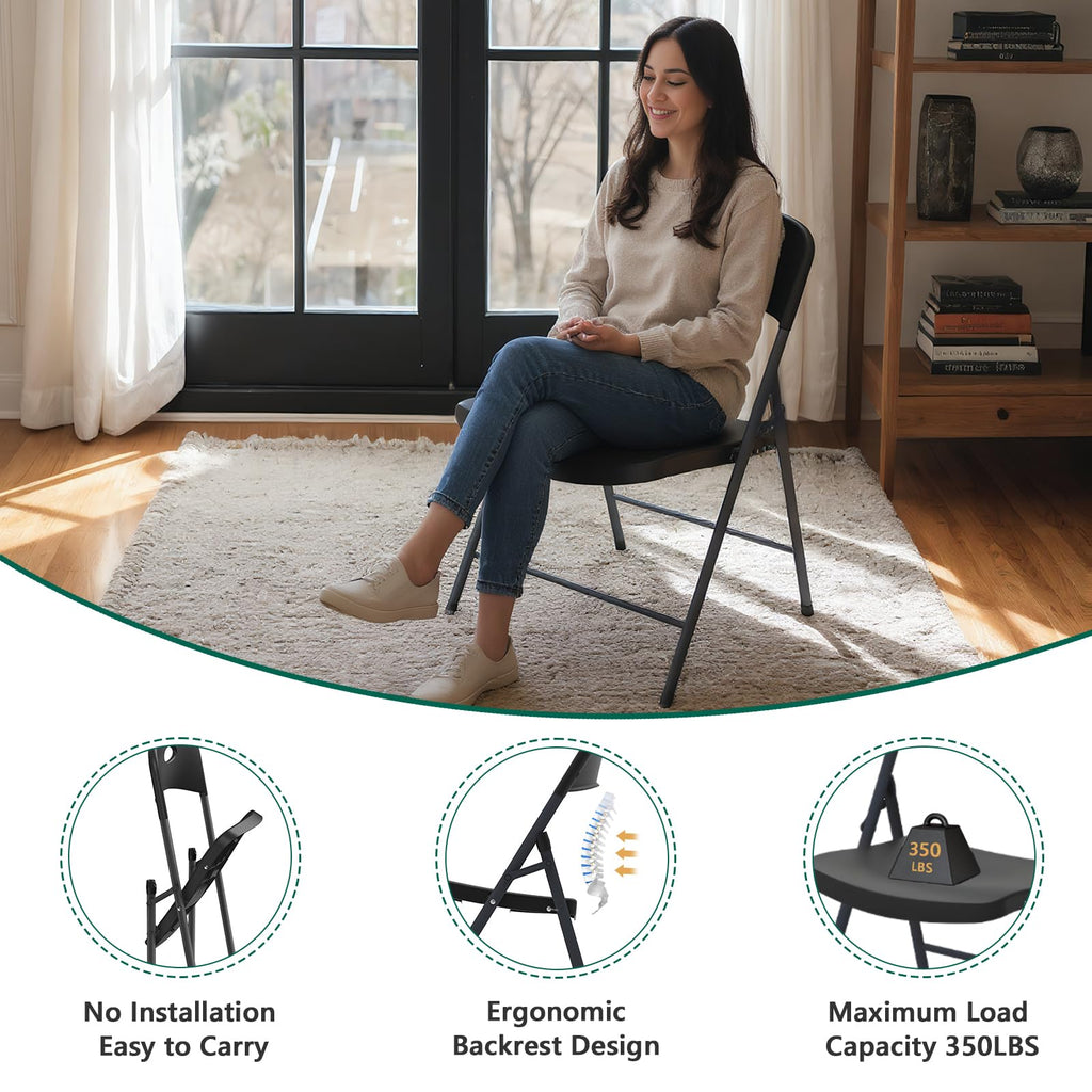 2 Pack Black Folding Chair, Plastic Portable Stackable Commercial Seats with Steel Frame 350lb, Heavy Duty Foldable