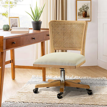 Rattan Office Desk Chair with Wicker Back & Wheels, Beige