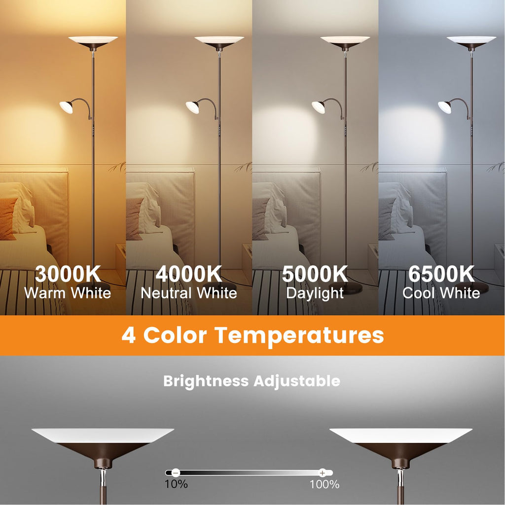 Brown Torchiere LED Floor Lamp - 72" Rotating Standing Lamp with Remote, 34W Dimmable Floor Light with Color