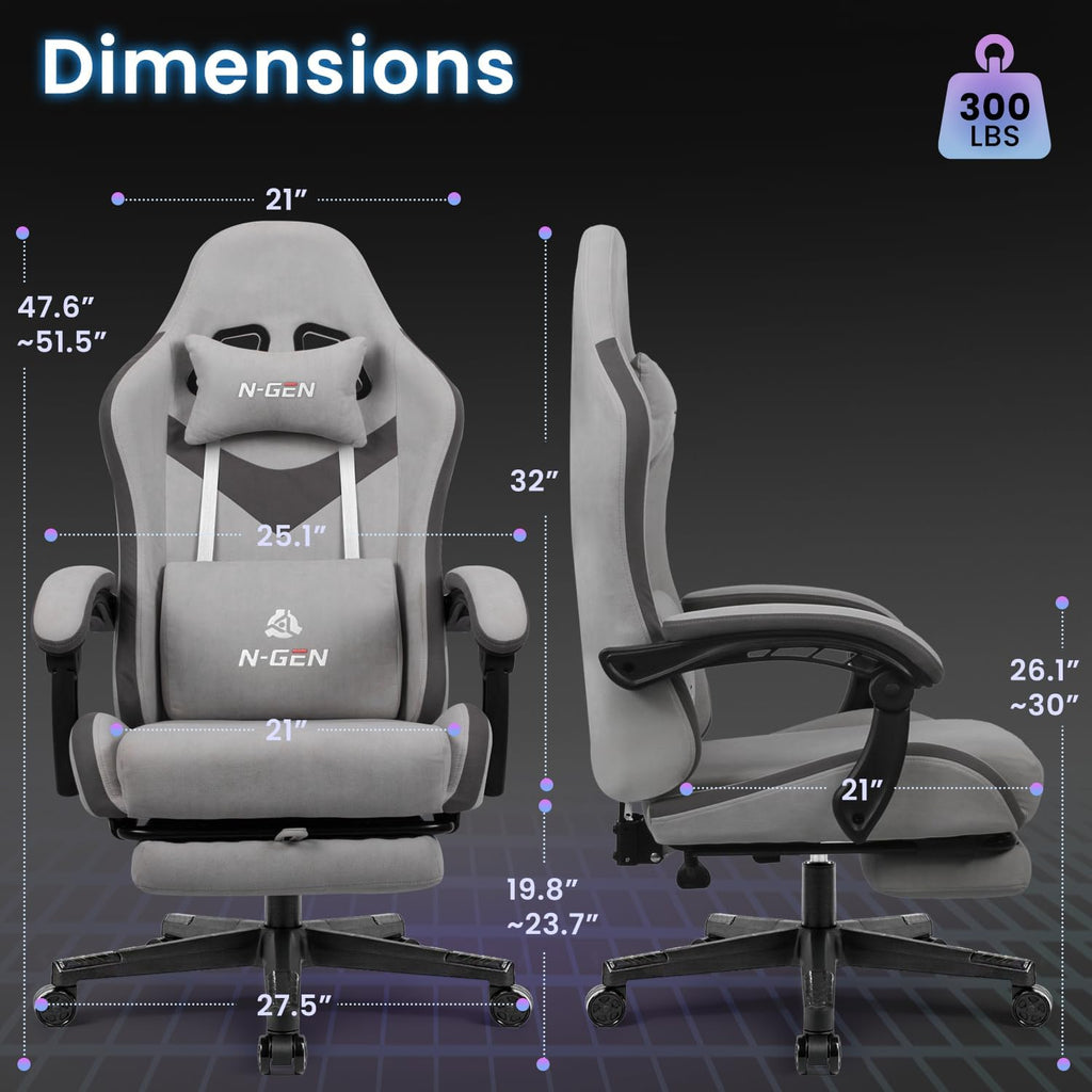 Gaming Chair, Reclining Backrest, Footrest, Fabric, Grey | Ergonomic Design with Reclining Backrest, Linkage Armrests
