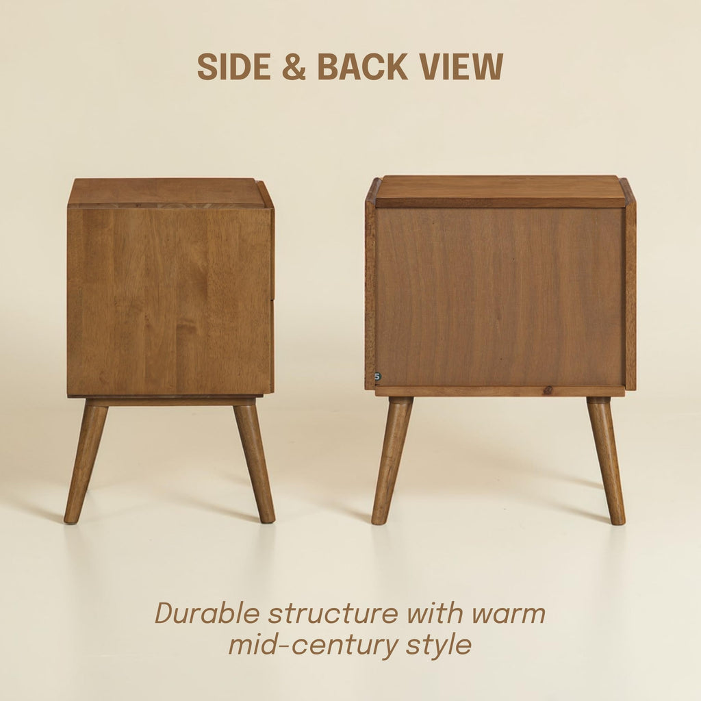 Mel Solid Wood Nightstand with 2 Drawers, Handwoven Natural Rattan Bedside Table, Mid Century Modern Night Stand