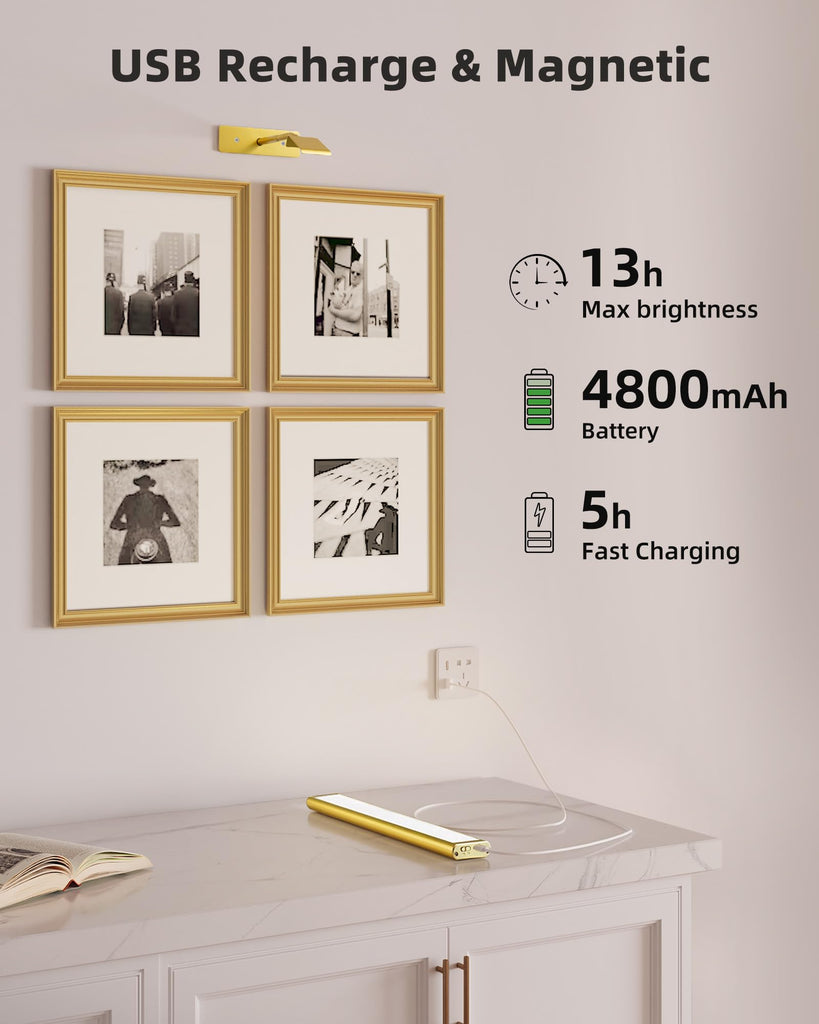 Picture Light for Wall, 4800mAh Rechargeable Wireless Lights, 16'' IR Remote Ccontrol Dimmable Magnetic LED Art