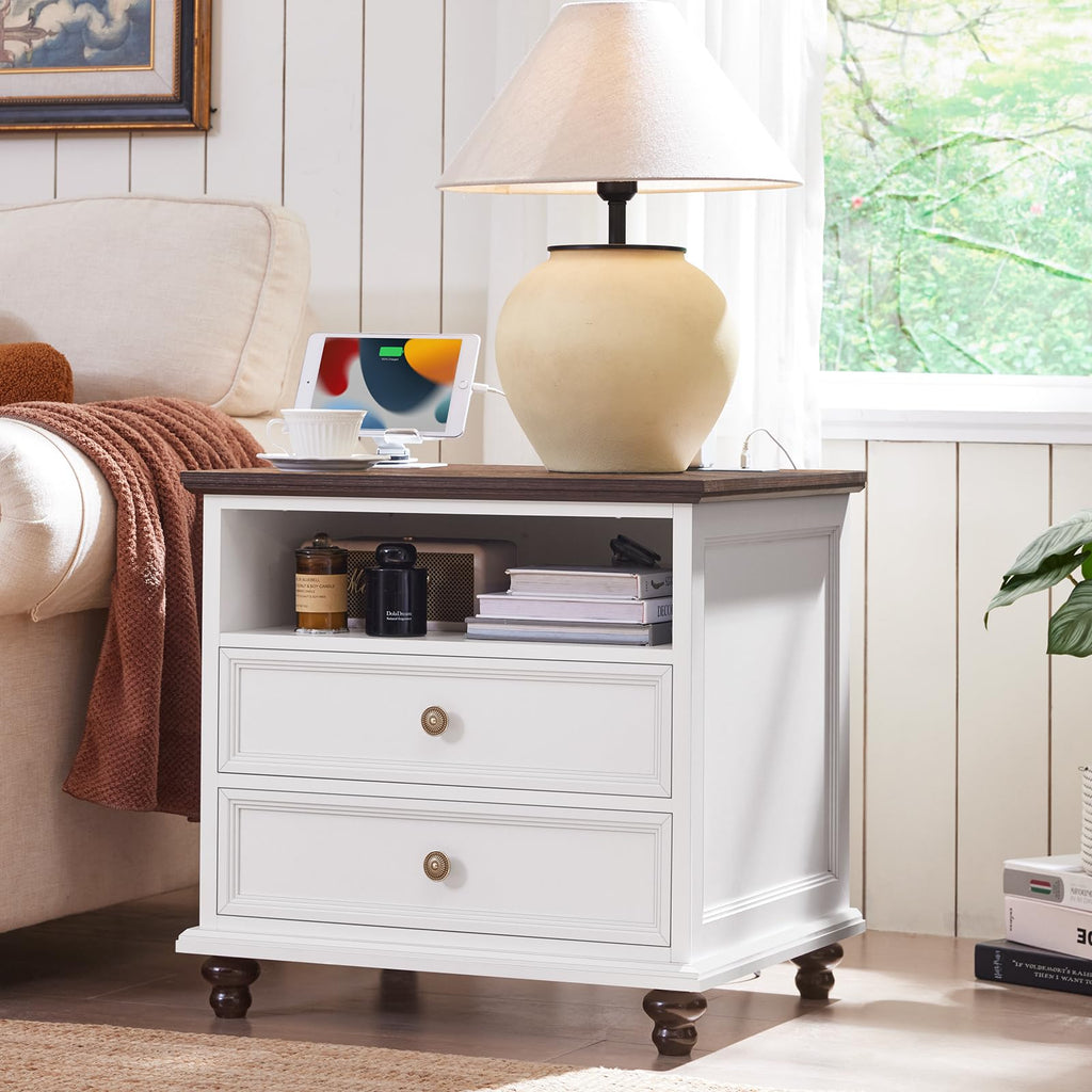 24" Wide Farmhouse Nightstand with Charging Station, End Table with 2 Drawers, White Wood Cabinet, Bed Side Table