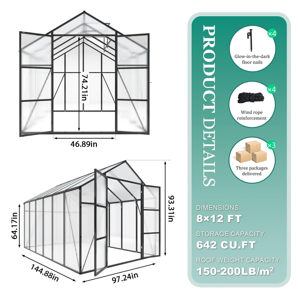 Greenhouse for Outdoors 8x12x7.8FT, Polycarbonate Greenhouse with Stronger Wind Protection and Roof Vent, Walk-in